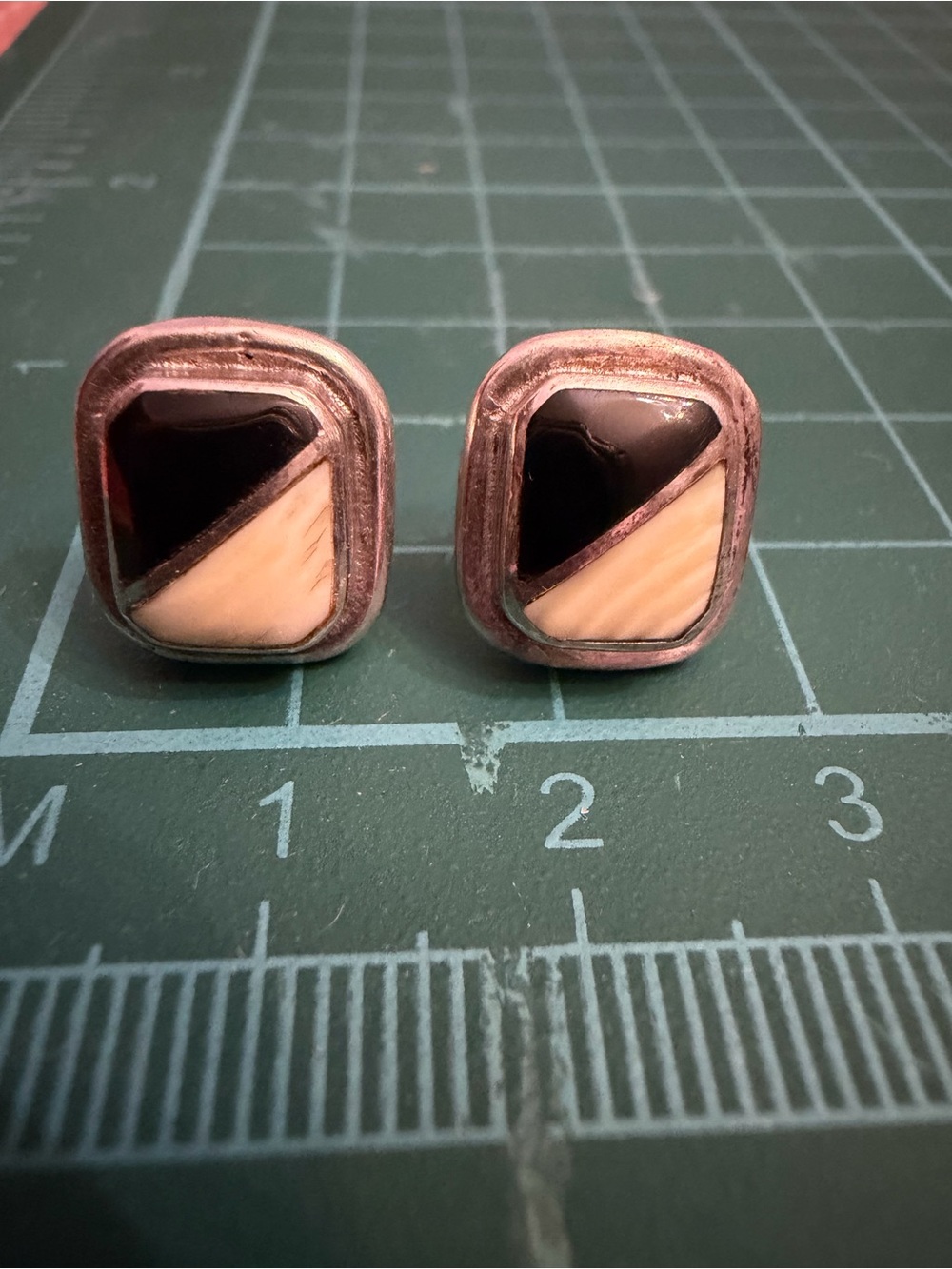 Sterling Silver Black and Cream Inlay Square Stud Earrings